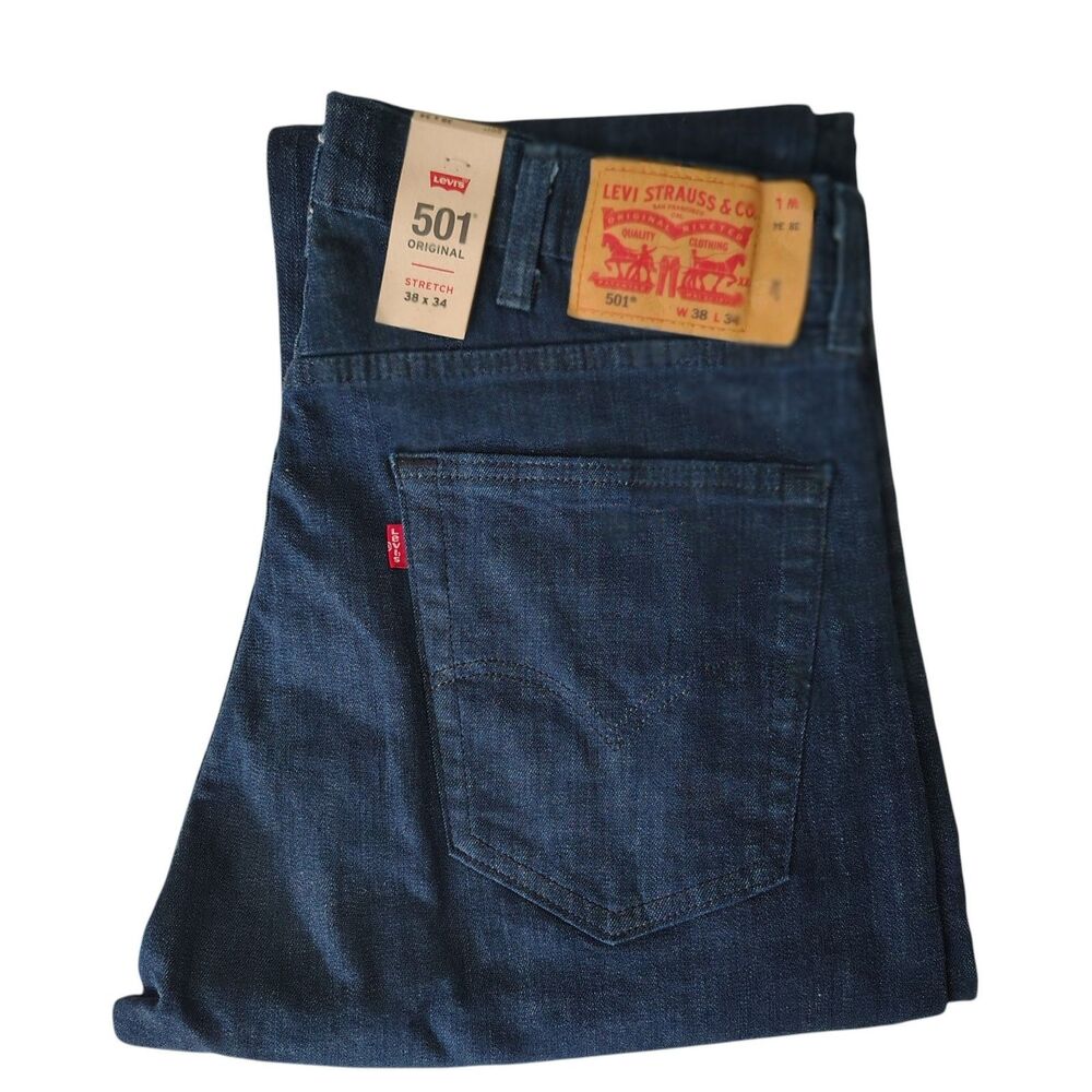 Levi's 501 38x34 Men's Dark Wash Stretch Straight Leg Button Fly Jeans Irregular - Picture 5 of 8